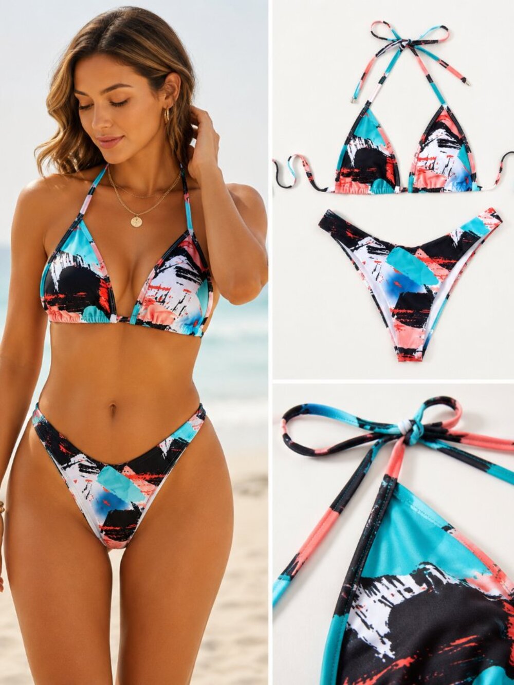 Abstract Print Triangle Halter Bikini Set Women's Multicolor Tie Side Swimsuit